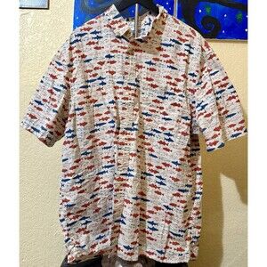 Duluth Trading Co XL Red and Blue Fish Print short sleeve Shirt Cotton Size
